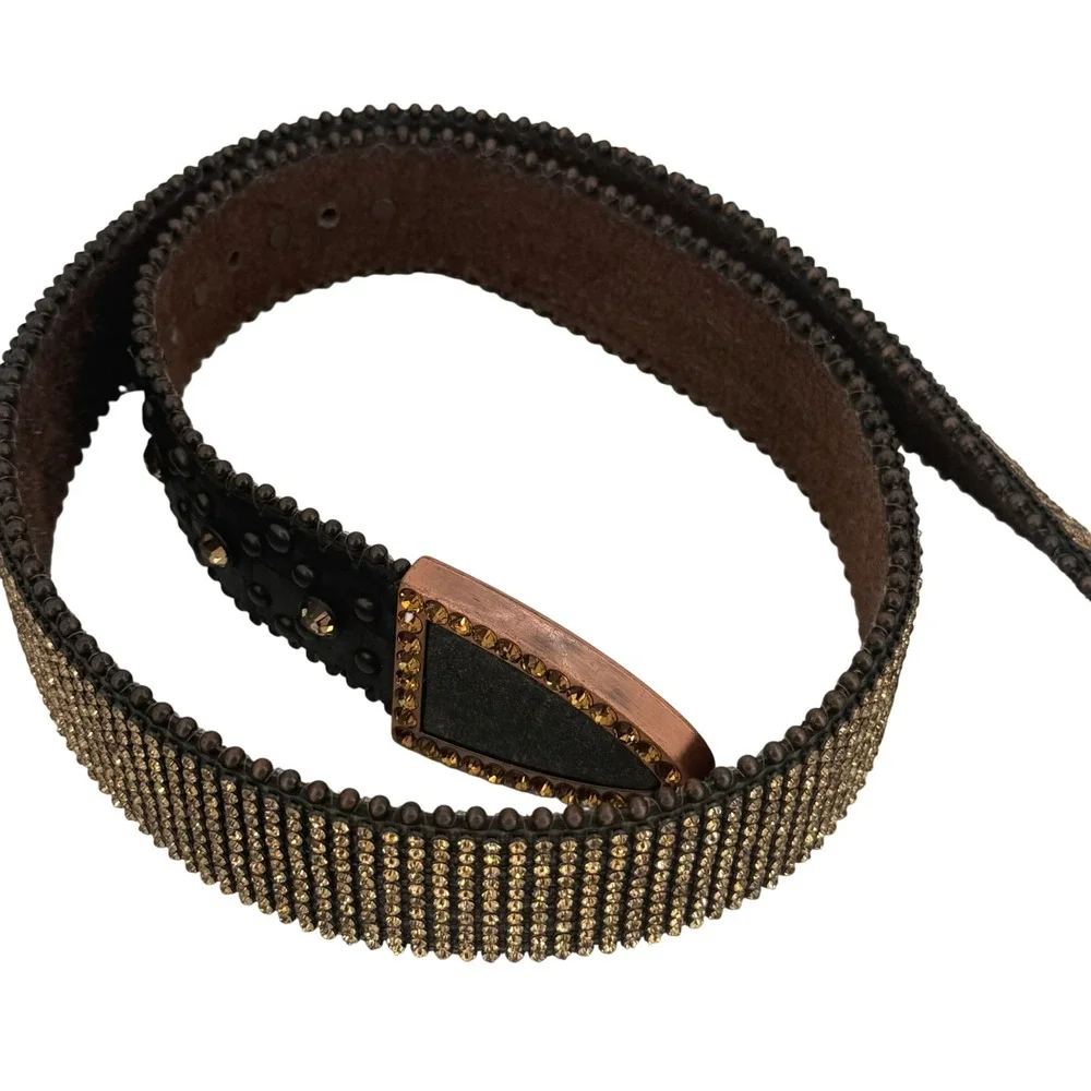 Western Rhinestone Studded Brown Leather Belt Amber Crystal Cowgirl‎ Boho S/M